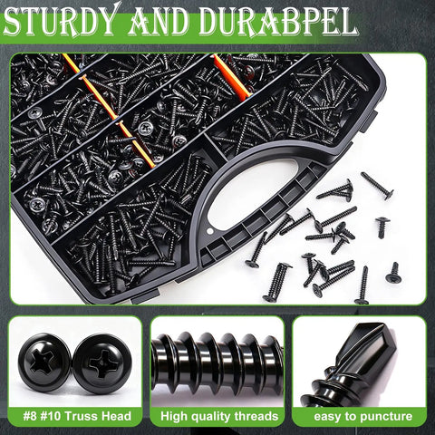 Built Tough Heavy Duty 410 Stainless Steel Self Drilling Screws With Black Truss Heads For Sheet Metal Wood And Plastic Projects in storage case.