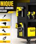Smooth Rolling 8 Drawer Tool Chest With Nifty Detachable Modular Layout And Secure Locking Drawers For Top Shelf Garage Storage Slick Black Finish showcasing side hanging design with tools.