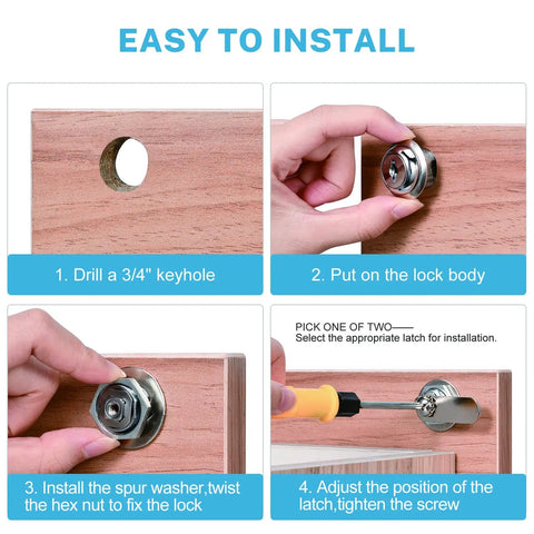 Installation steps for Cabinet Cam Lock Set 5 Pack Keyed Alike 1-1/8 Inch Cam Locks for drawers and RVs, chrome finish.