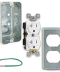 2x4 Inch Utility Electrical Box Kit With Duplex Receptacle Cover Tamper Resistant 20 Amp Outlet Green Grounding Wire And Ground Screw Ten Half Inch Knockouts Complete Junction Box Set For Easy DIY Install