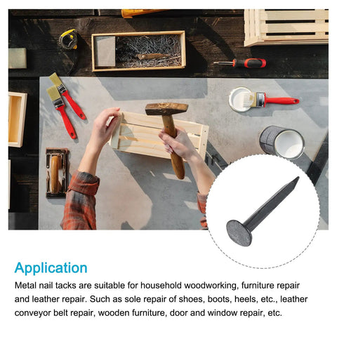 Person using Hella Durable Metal Tack Nails 500 Piece Set Tight Grip Hardware Studs for woodworking project with hammer.