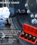 Heavy Duty Half Inch Drive Deep Impact Socket Set 6 Point CR MO Steel 32 33 35 36mm 4 Piece with case next to wheel