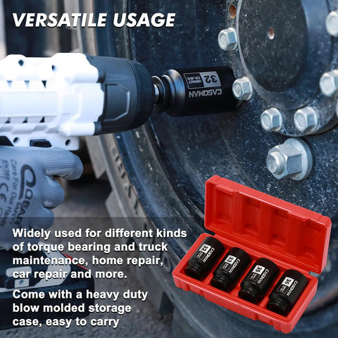 Heavy Duty Half Inch Drive Deep Impact Socket Set 6 Point CR MO Steel 32 33 35 36mm 4 Piece with case next to wheel