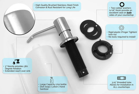 Top Fill Built In Soap Dispenser For Kitchen And Bath Stainless Steel 17 Oz Bottle Capacity Long 3 Inch Nozzle Check Valve Keeps Prime Satin Finish Easy Refills From The Top, components displayed.