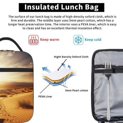 Golden Desert Bright Sunshine Insulated Lunch Bag With Detachable Handle detail showing Oxford cloth and PEVA lining