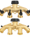 4 Way Heavy Duty Brass Garden Hose Splitter For 3/4 Inch Hoses, No Nonsense Water Faucet Splitter With 4 Valves, Rubber Washers And Teflon Tape, Arthritis Friendly Top Connection, Built Tough Yard Hose Connector For Quick Setup. brass 4-way split