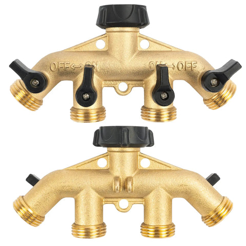 4 Way Heavy Duty Brass Garden Hose Splitter For 3/4 Inch Hoses, No Nonsense Water Faucet Splitter With 4 Valves, Rubber Washers And Teflon Tape, Arthritis Friendly Top Connection, Built Tough Yard Hose Connector For Quick Setup. brass 4-way split