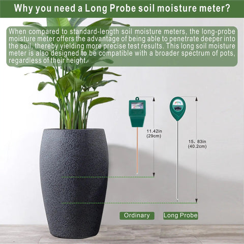 Comparison of ordinary and Long Probe Soil Moisture Meter For Deep Read And Plant Nerds Approved Water Level Sensor, 2 Pack Bundle