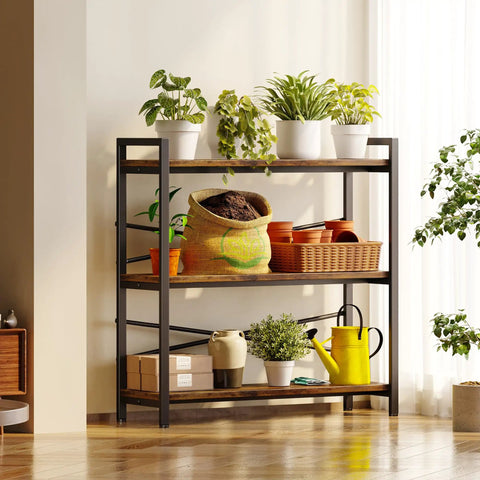 Built Like A Tank Three Tier Bookshelf With Pretty Dang Roomy Shelves, Industrial Vintage Wood And Metal Storage Rack with plants and decor.