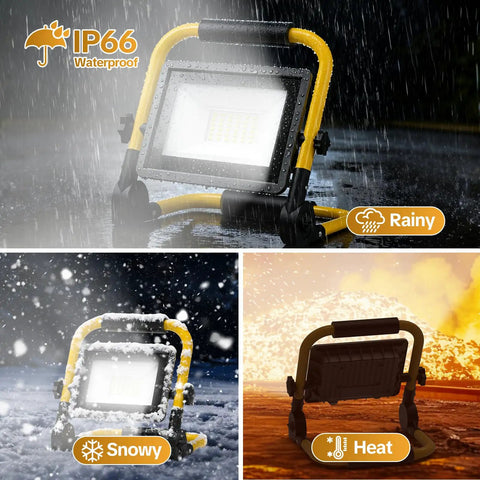 Powerful 3600 Lumen LED Work Light With 30W 6000K Flood Beam, 5.9Ft Cord And Switch, IP66 Waterproof, shown in rain, snow, and heat