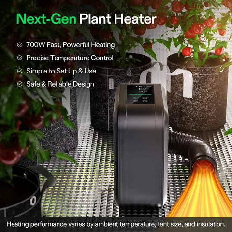 Smart AeroFlux Grow Tent Heater With Thermostat, 700W PTC Heating in a greenhouse with visible extension hose