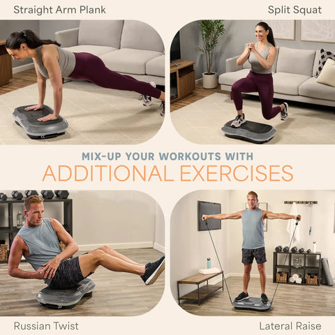 People using Waver Vibration Plate Exercise Machine With High Intensity Full Body Vibration For Muscle Activation in various exercises.