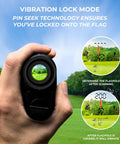 Hand holding Golf Rangefinder With Slope On Off 6X Magnification 1000 Yard Pin Seek Waterproof showing viewfinder screen.
