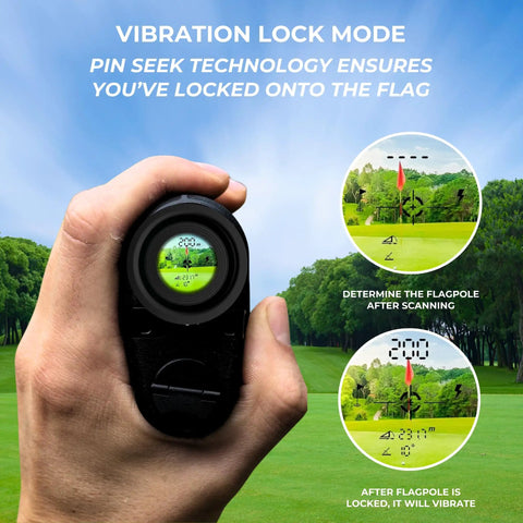 Hand holding Golf Rangefinder With Slope On Off 6X Magnification 1000 Yard Pin Seek Waterproof showing viewfinder screen.