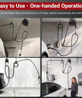 No Sweat Wall Mount Retractable EV Charger Cable Holder Reel Organizer Fits Tesla And Universal Level 2 EV Station in use with one-handed operation.