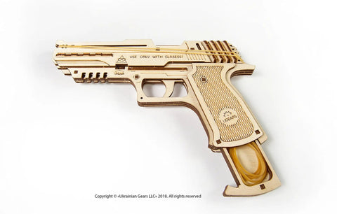 Wolf 01 Handgun 3D Wooden Puzzle Kit For Adults With Mechanical Moving Parts And Realistic Wood Model Gun Brain Teaser And Hobby Set Quick 60 To 90 Minute Assembly No Glue Needed Great Gift For DIYers, side view
