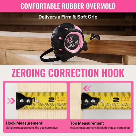 25 Foot Tape Measure With Fractions, Retractable Steel Blade, Magnetic Hook, Three Brake System, Nylon Coating, Pink