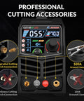 Close-up of 55 Amp Plasma Cutter With High Frequency Non Touch Pilot Arc, Digital Screen Display, DC Inverter And Dual Voltage 110 To 220V, Pro Grade Blowback Cutting Machine For Metal, CUT 55HFLED with accessories.