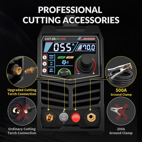 Close-up of 55 Amp Plasma Cutter With High Frequency Non Touch Pilot Arc, Digital Screen Display, DC Inverter And Dual Voltage 110 To 220V, Pro Grade Blowback Cutting Machine For Metal, CUT 55HFLED with accessories.