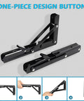 Heavy Duty Folding Shelf Bracket Six Inch Wall Mounted Collapsible Workbench Support with slick hinge in black.