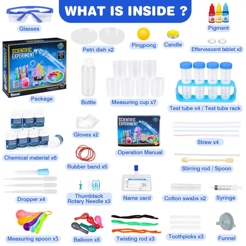Contents of Hands On Science Lab Kit For Kids With 80 Experiments And Scientist Costume Role Play STEM Educational Tools For Boys And Girls
