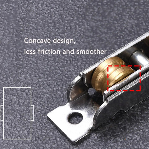 Heavy Duty Sliding Door Rollers 88 Type Double Groove Pulley close-up of concave brass wheel in stainless steel track for smooth gliding.