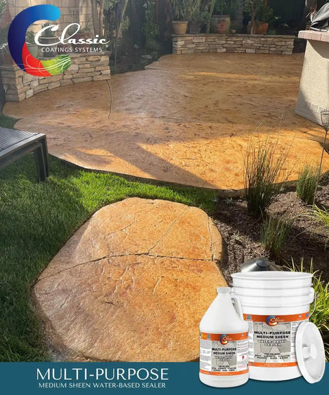 Top Shelf Water Based Concrete Sealer With Satin Finish For Indoor And Outdoor Use Ready To Roll On Driveways Patios And Block Walls 5 Gallon Bucket on a textured patio.