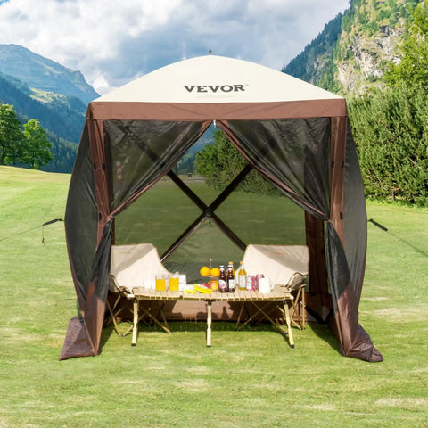 Pop Up Gazebo Screen Tent 6x6 Ft Quick Set Canopy With Mesh Windows Removable Privacy Wind Cloths Mosquito Netting 4 Sides Outdoor Sun Shelter Easy Setup Brown with picnic setup inside.