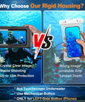Comparison of Dive Ready Waterproof Phone Case with aluminum housing vs. standard case in underwater photography for left-side button iPhones.