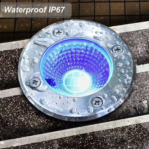 Four Pack 3W 12V RGB In Ground Landscape Lights With Remote Control IP67 Waterproof Pathway Lights, close-up view.
