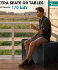Man sitting on 32 Gallon Resin Deck Box With Lockable Lid And Easy Carry Side Handles For Indoor Outdoor Storage