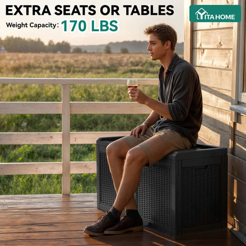 Man sitting on 32 Gallon Resin Deck Box With Lockable Lid And Easy Carry Side Handles For Indoor Outdoor Storage