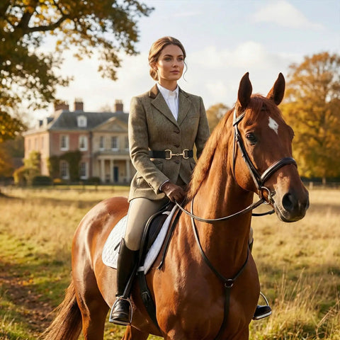 Woman on horseback wearing Elastic Equestrian Belt For Women With Wide Horse Riding Strap And Buckle Dope Gear Versatile Black Belt