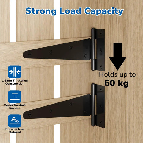 Heavy Duty 8 Inch T Strap Hinge Pack Of 6 For Wood Doors And Gates Ideal For Outdoor Sheds Barns And Fences Tee Hinge Black Screws Included For Easy Installation Durable Steel Construction Smooth 270 Degree Swing on wood gate