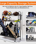 Heavy Duty Garage Sport Organizer with Steel Basketball Rack, Baseball Bat Holder, Hooks for Balls, Toys, Gear in Gym or Outdoor