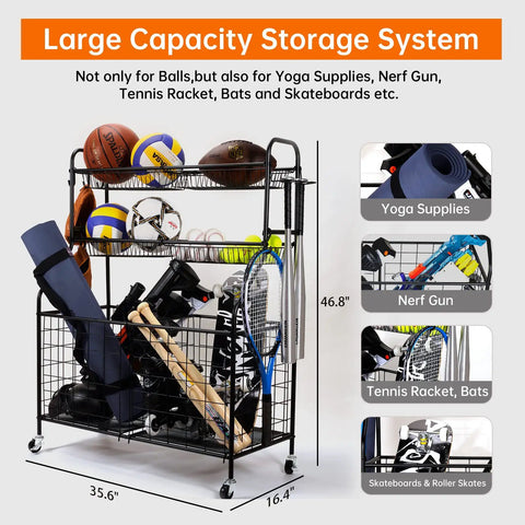 Heavy Duty Garage Sport Organizer with Steel Basketball Rack, Baseball Bat Holder, Hooks for Balls, Toys, Gear in Gym or Outdoor