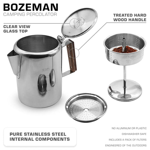 Stainless Steel Percolator Coffee Pot With Glass View Top, No Aluminum Or Plastic, 12 Cup Capacity, disassembled parts shown