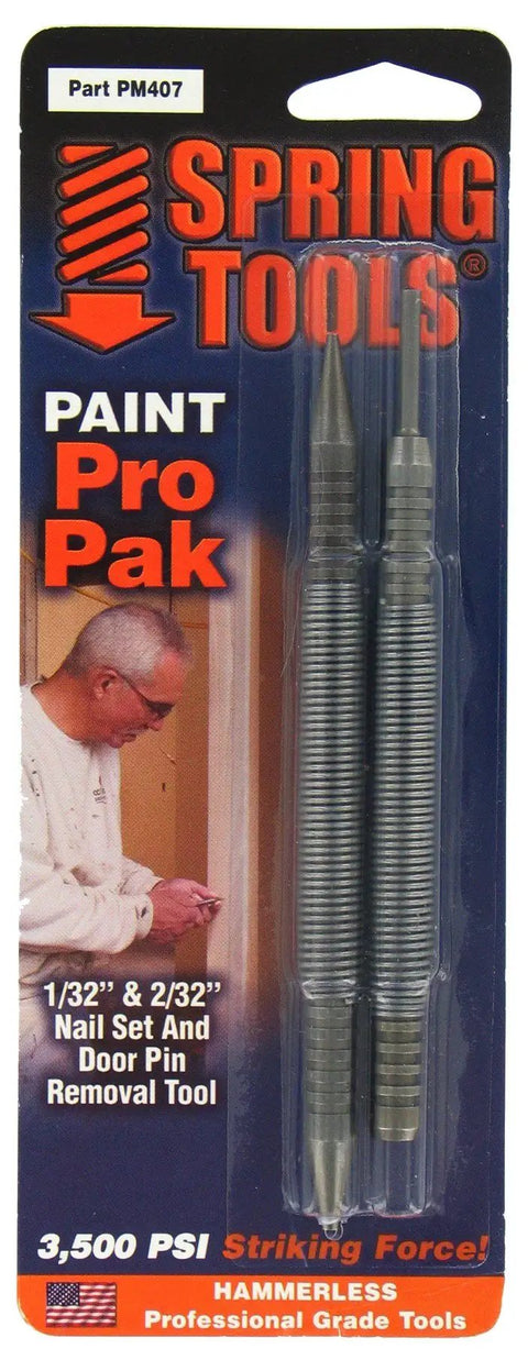 Pro Door Hinge Pin Remover And Nail Set Tool 2 In 1 Hammerless Pin Removal With Dual Nail Sets packaging on display.