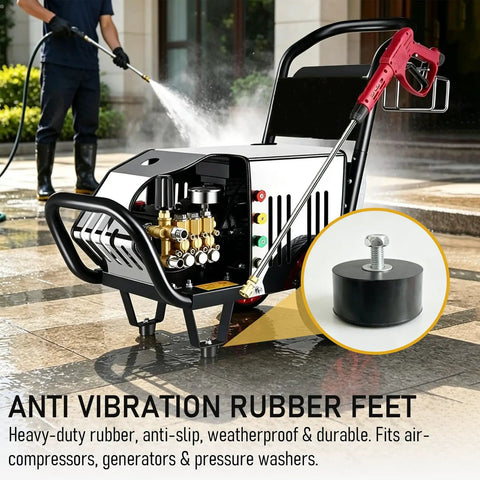 Heavy Duty Anti Vibration Rubber Feet Bumper Pads Three Quarters By One Inch Half Wide Four Pack with stainless steel hardware under a pressure washer.