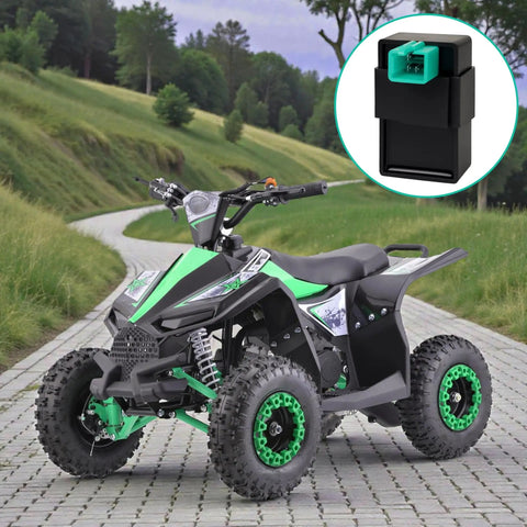 Green ATV on a paved path with an inset of a 5 Pin AC CDI Box for 50cc to 135cc Chinese ATVs and dirt bikes.