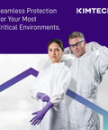 Two people in protective suits; one wearing Beaded Cuff Nitrile Exam Gloves With Textured Fingertips For Superior Grip, 4.3 Mil.
