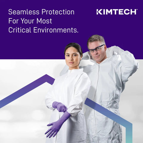 Two people in protective suits; one wearing Beaded Cuff Nitrile Exam Gloves With Textured Fingertips For Superior Grip, 4.3 Mil.