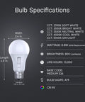 A19 LED Motion Sensor Bulb With 60W Equivalent, 5CCT Options, E26 Base, 800 Lumens, Auto On Auto Off, Smart Energy Saving Lighting For Hallways And Rooms In Any Home, spec chart