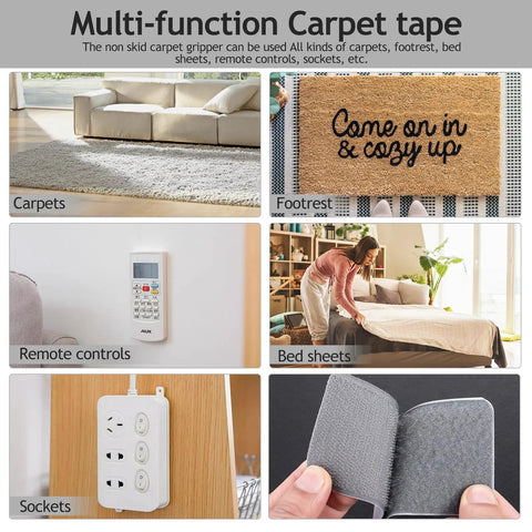 Non Slip Rug Gripper Pads For Hardwood Floors, Heavy Duty No Slip Carpet Tape on carpets, footrest, remote, bed, sockets