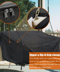 Rugged All Weather Porch Swing Cover Waterproof Outdoor Hanging Swing Protector For 63x28x(32-24)Inch Black Oxford Fabric displaying zipper and grip details