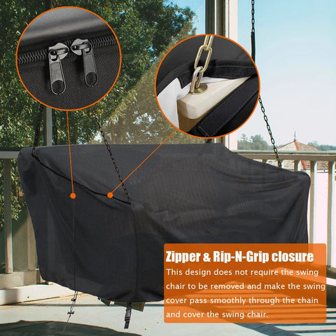 Rugged All Weather Porch Swing Cover Waterproof Outdoor Hanging Swing Protector For 63x28x(32-24)Inch Black Oxford Fabric displaying zipper and grip details