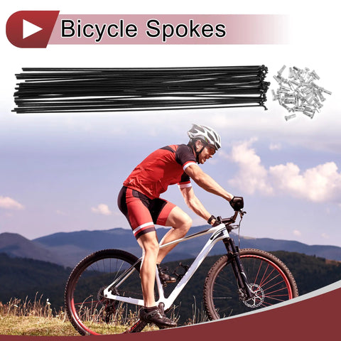 38 Piece 14G Bicycle Spokes 278mm Carbon Steel Black Finish Set For Wheel Repair And Assembly shown with mountain biker