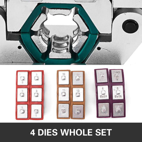 Hydra-Krimp Manual AC Hose Crimper Kit showing four dies set for one-man operation in air conditioning repairs.