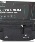 Black RFID Blocking Travel Money Belt and Passport Holder, Slim Wallet Fanny Pack for Men and Women, shown with packaging.