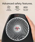 Compact Personal Space Heater With Vortex Heat Circulation For Cozy Safe Heat In Your Space 2 Heat Settings Plus Fan Only Mode Direct Heating Cool Touch Exterior Advanced Safety Features Black with safety icons and brand logo